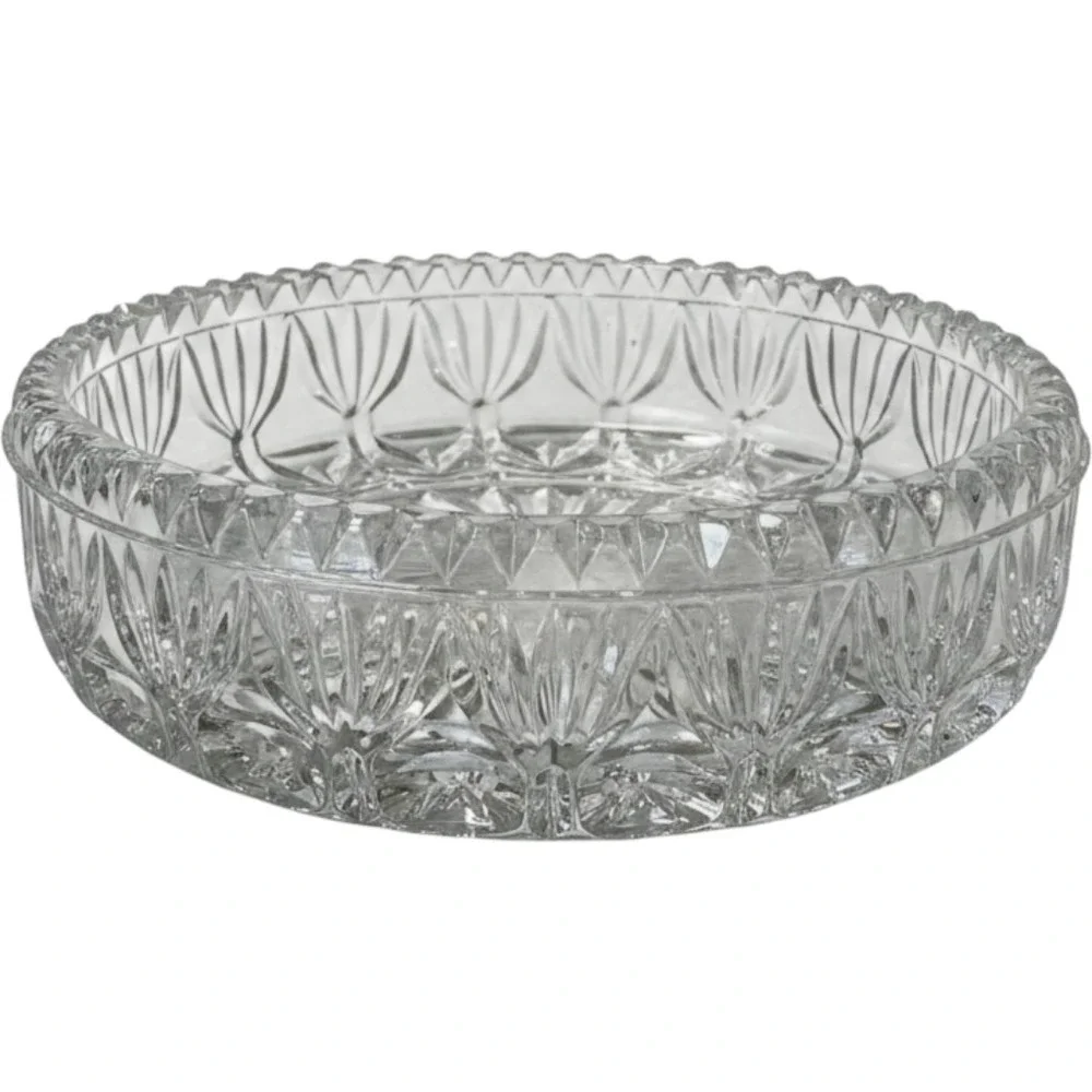 Vintage Clear Cut‎ Glass Round Bowl Sunburst Star 3 Candle Holder Centerpiece